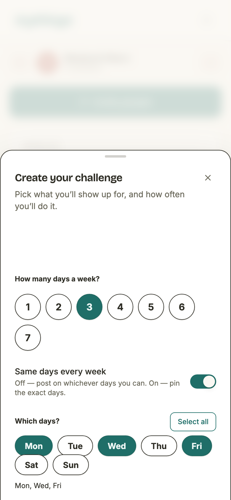 The same picker with the switch on, Mon, Wed and Fri selected among the weekday pills, and the summary line “Mon, Wed, Fri”.