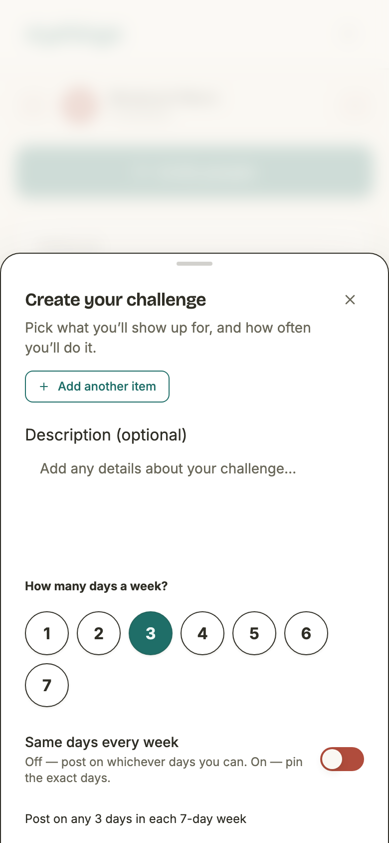 The cadence picker: a row of number pills with 3 selected, a “Same days every week” switch turned off, and the line “Post on any 3 days in each 7-day week”.