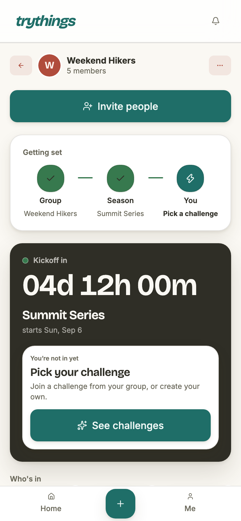 A season lobby counting down to kickoff, with a “Pick your challenge” card and a See challenges button.