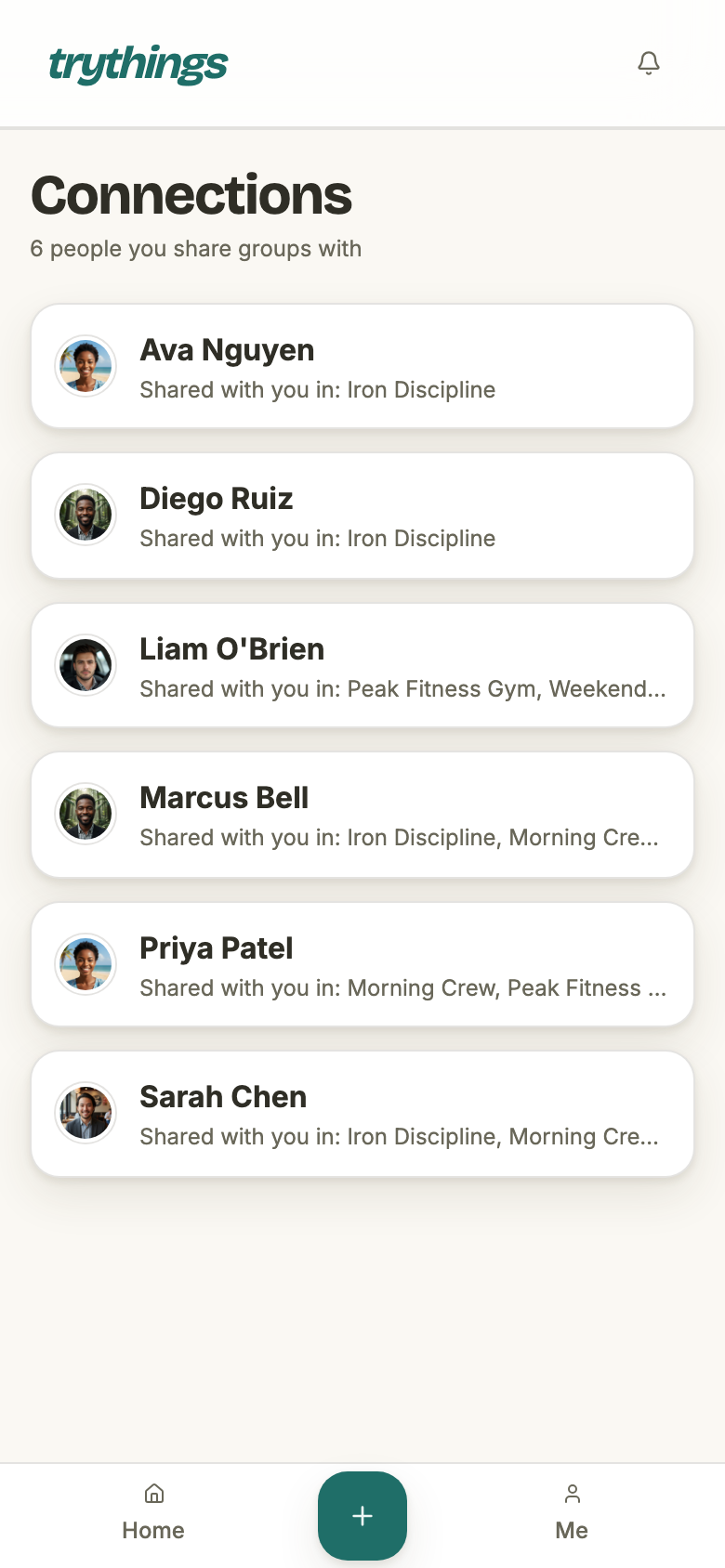 The Connections page: the heading Connections, the line 6 people you share groups with, and six rows — Ava Nguyen, Diego Ruiz, Liam O'Brien, Marcus Bell, Priya Patel and Sarah Chen — each with an avatar and, underneath, the groups shared with them, cut off with an ellipsis on every row naming more than one.