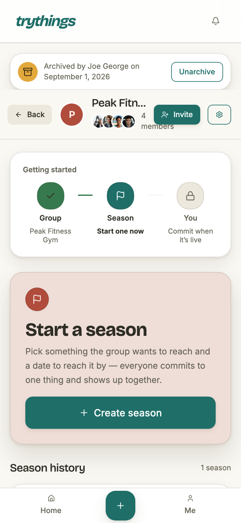 The Peak Fitness Gym page with an archive notice above everything else, reading Archived by Joe George on September 1, 2026 beside an Unarchive button, over the unchanged group header, Getting started strip and Start a season card.