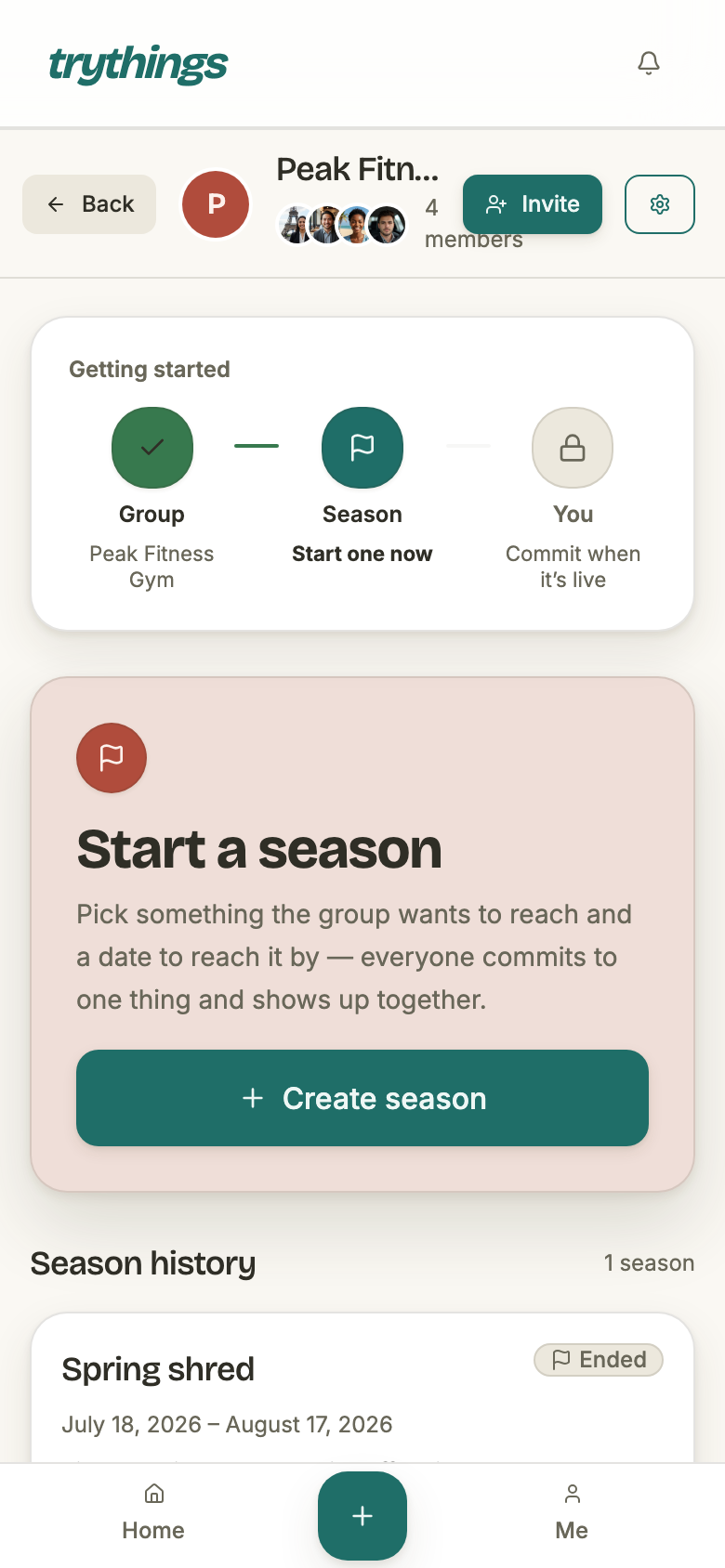 The group page for Peak Fitness Gym as its admin: a header with the group photo, four member faces, an Invite button and a settings gear; a Getting started strip reading Group, Season, You; a Start a season card with a Create season button; and Season history below.