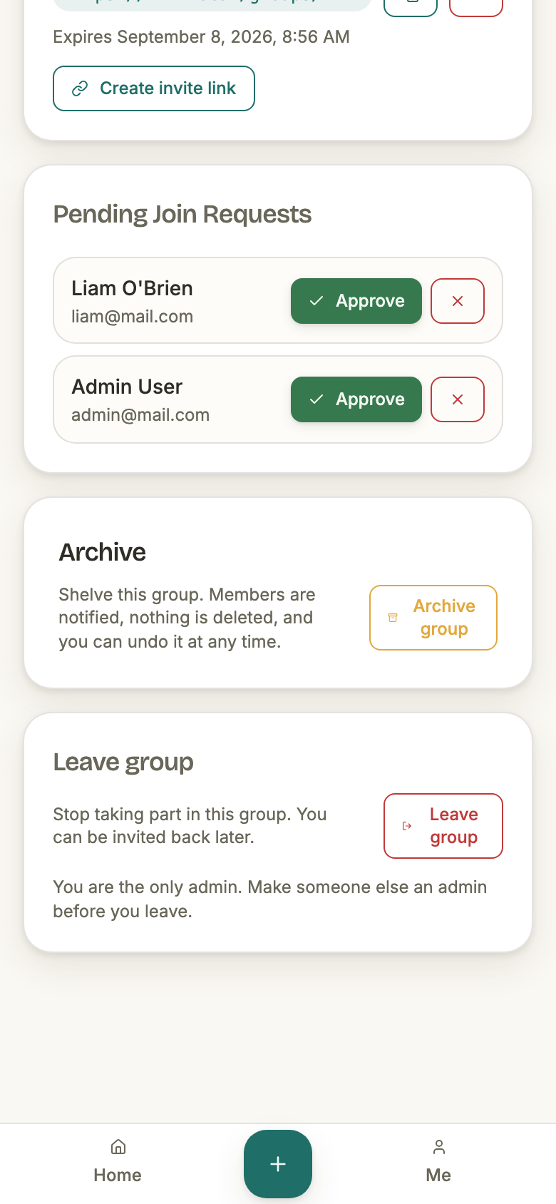 The foot of group settings: the pending join requests and Archive cards, then the Leave group card whose button sits above the line You are the only admin. Make someone else an admin before you leave.