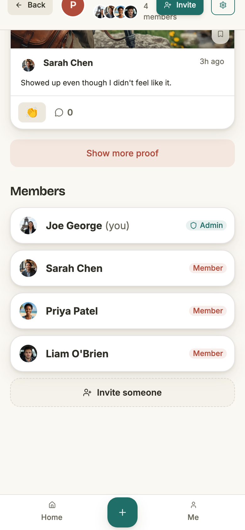 The Members list on a group page: Joe George (you) with an Admin badge, then Sarah Chen, Priya Patel and Liam O'Brien each with a Member badge, and a dashed Invite someone tile beneath them.