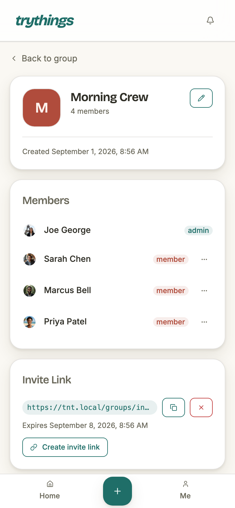 Group settings as an admin: the group card with a pencil button, a Members list showing Joe George with an admin badge and Sarah Chen, Marcus Bell and Priya Patel with member badges and a three-dot menu each, then an Invite Link card.