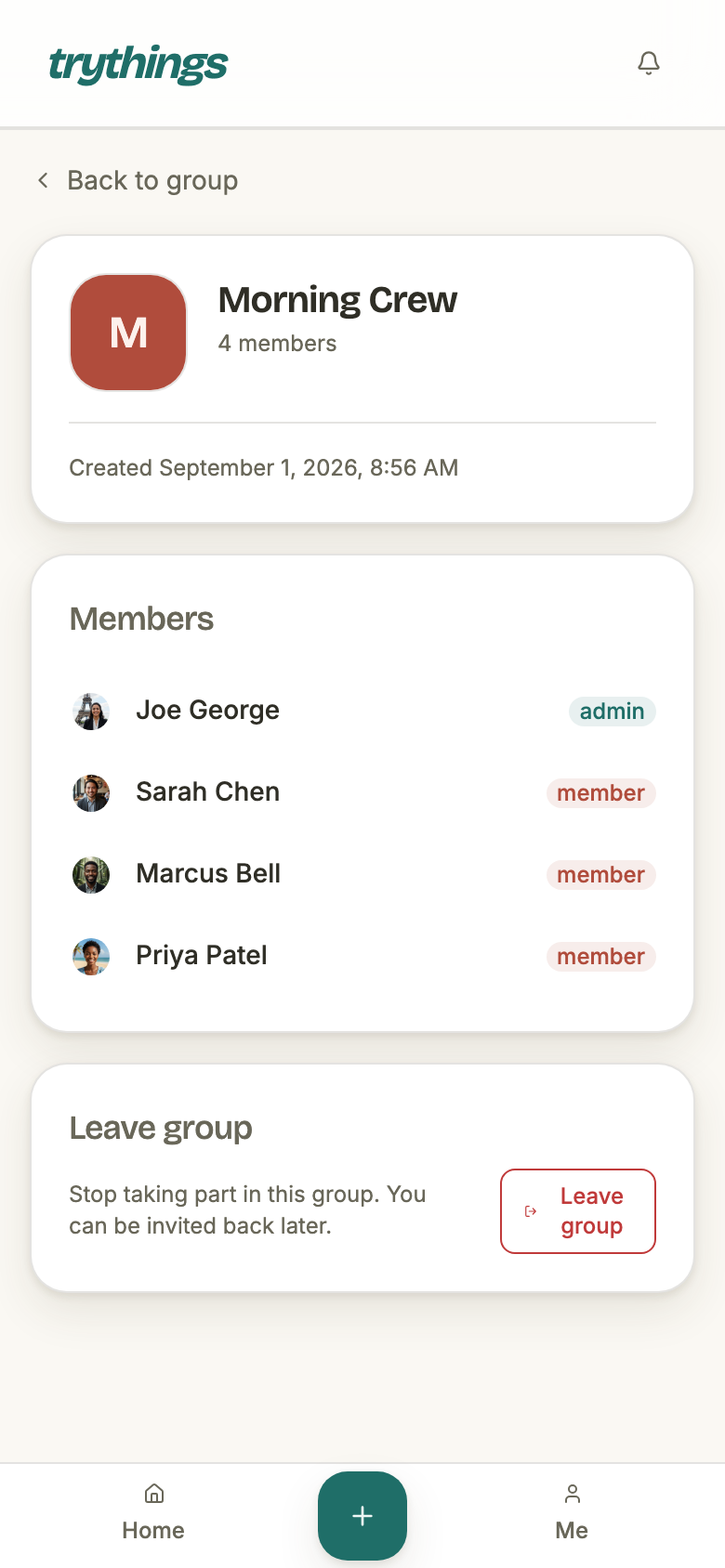 The same group settings page as an ordinary member: the same group card without a pencil, the same members list with no three-dot menus, and a Leave group card immediately below it.