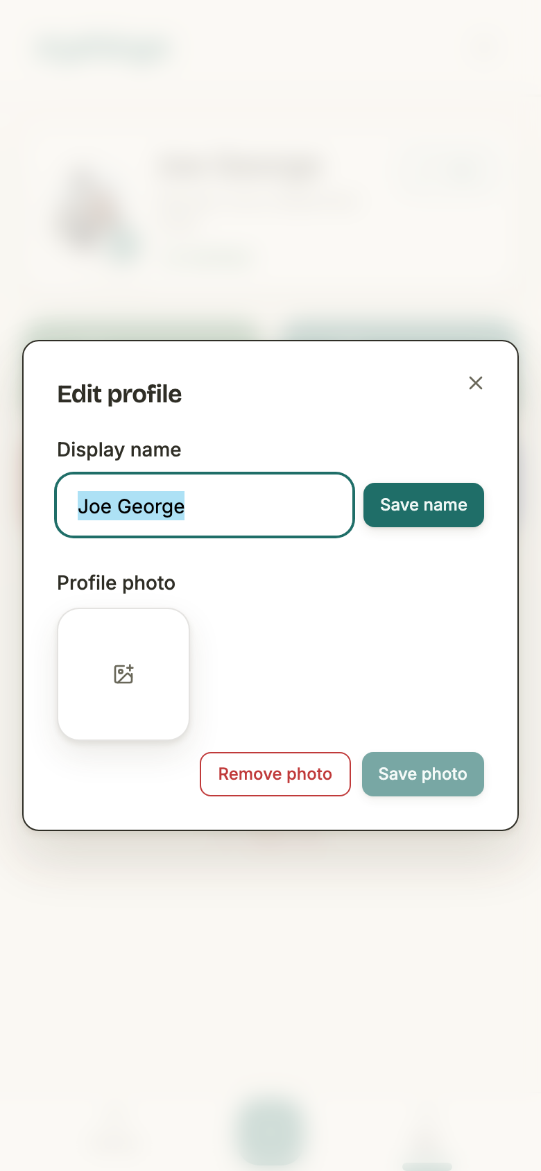 The Edit profile dialog: a Display name field holding Joe George with a Save name button, a Profile photo section with an empty add-image tile, and Remove photo and Save photo buttons — Save photo greyed out.