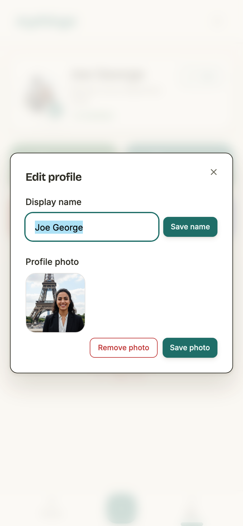 The same dialog with a photo in the tile and Save photo now a solid green button beside Remove photo.
