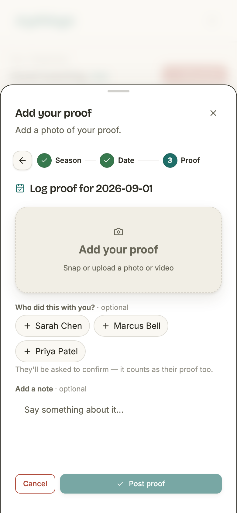 The composer with no photo: an Add your proof dropzone, an optional note field, and a greyed-out Post proof button.