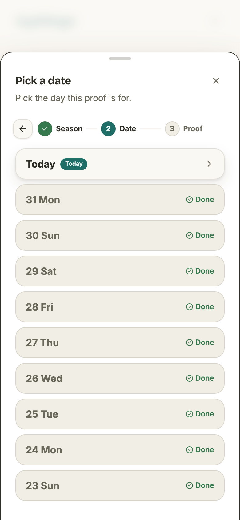 The post drawer on its day step: a list of recent due days, each with Done, a chevron, or a padlock.
