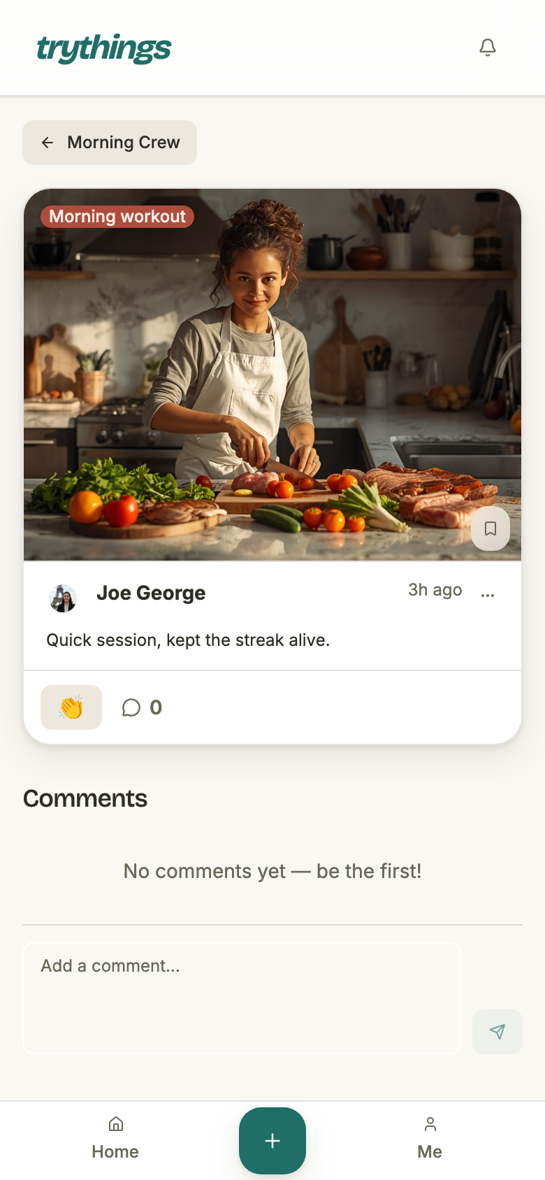 A posted proof: the photo, the task it answers, the caption, reactions, and the comment thread.