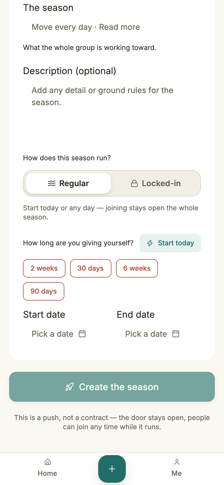 The same form scrolled down: length shortcuts, a start and end date, and a Create the season button.