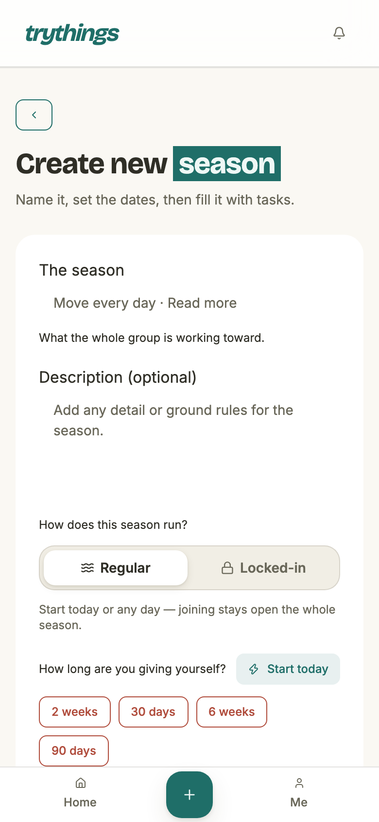 The create-season form: a season statement, an optional description, and a Regular / Locked-in toggle.