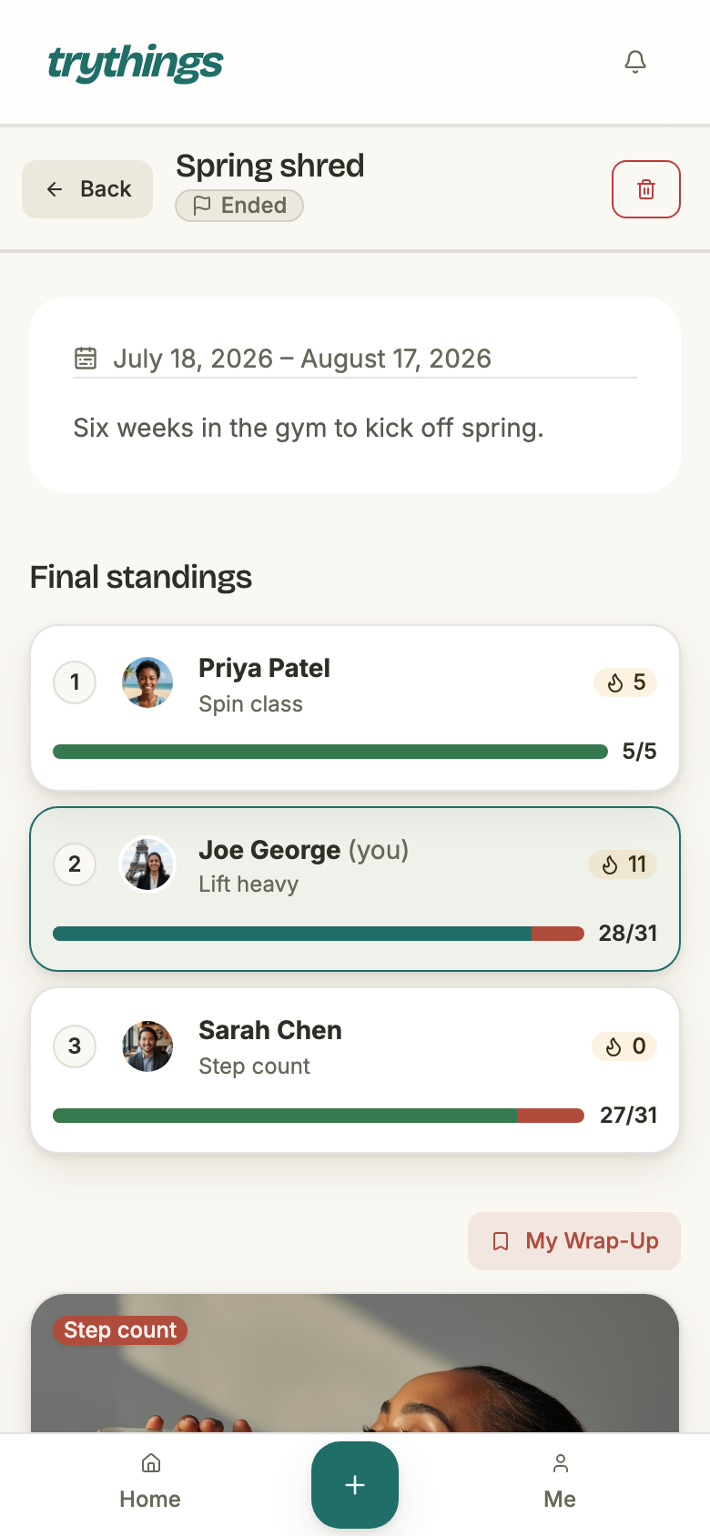 An ended season: an Ended badge, its date range, and Final standings with three members ranked by ratio.