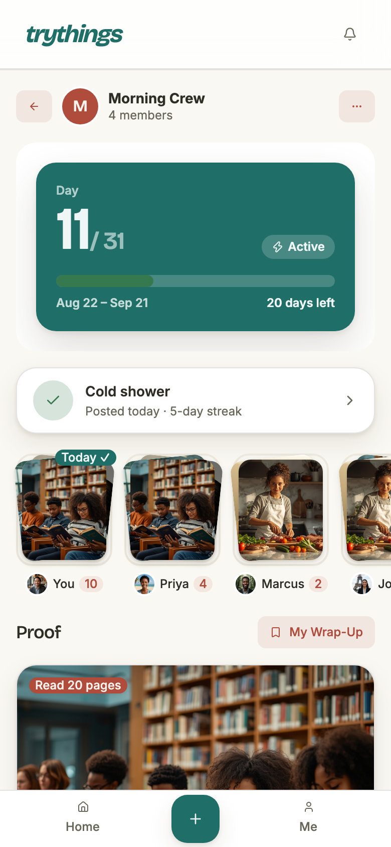 A running season: Day 11 of 31, an Active badge, Aug 22 – Sep 21, 20 days left, and a Cold shower commitment showing a 5-day streak.
