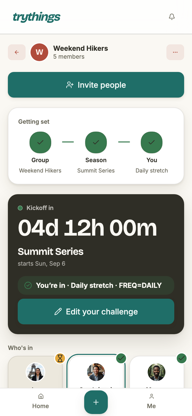 The same lobby for a member who has committed: “You're in · Daily stretch”, with an Edit your challenge button.