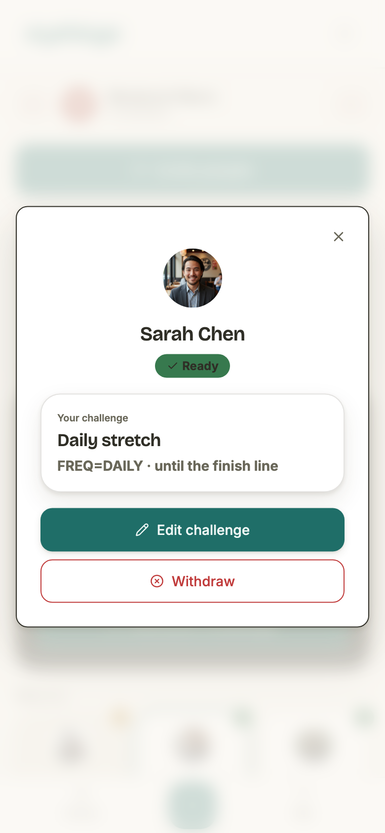 A member's own commitment sheet: their challenge, an Edit challenge button and a red Withdraw button.