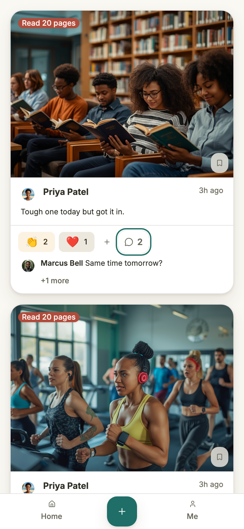 A proof card whose action bar reads clap 2, heart 1 and 2 comments, with Marcus Bell's comment previewed underneath and a +1 more link below it.