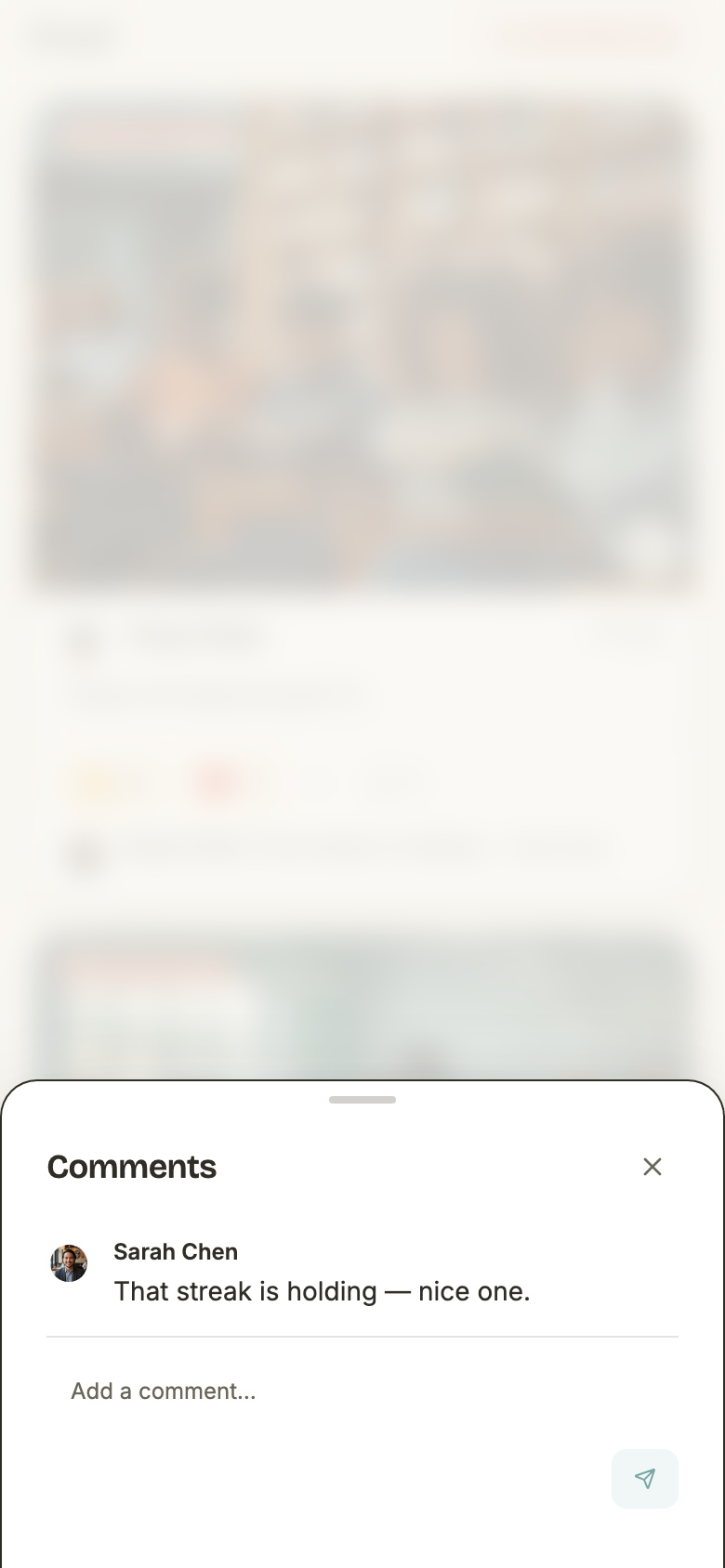 The Comments sheet over a dimmed feed, showing one comment from Sarah Chen and an Add a comment box with a send button.