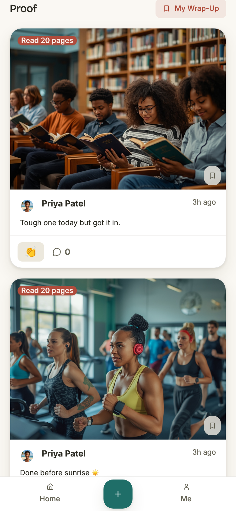 A season timeline: the heading Proof with a My Wrap-Up button, then a proof card — a photo, a Read 20 pages badge over it, Priya Patel, 3h ago, a caption, and a bar with a bare clap and a comment count of 0.