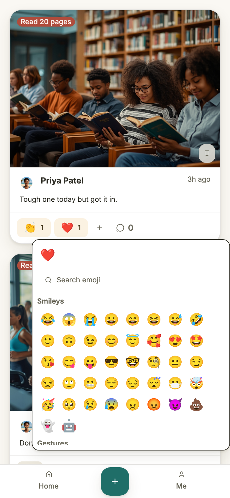 The emoji picker open below a proof card: a suggested row holding a single heart, a Search emoji box, and the Smileys grid below it.