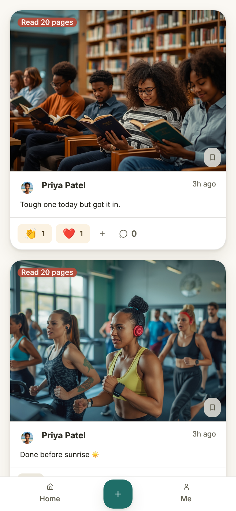 The same card's action bar, now showing a clap pill reading 1, a heart pill reading 1, a plus button, and a comment count of 0.